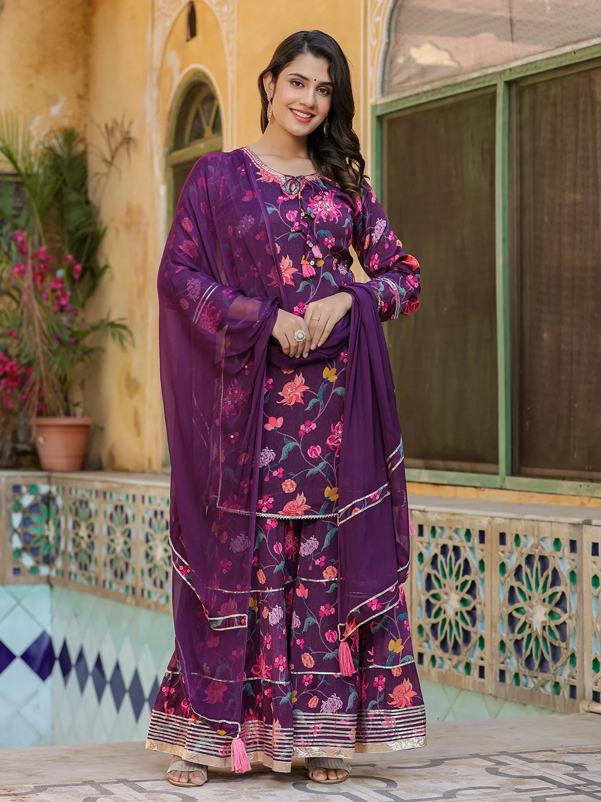 Purple floral printed sharara suit