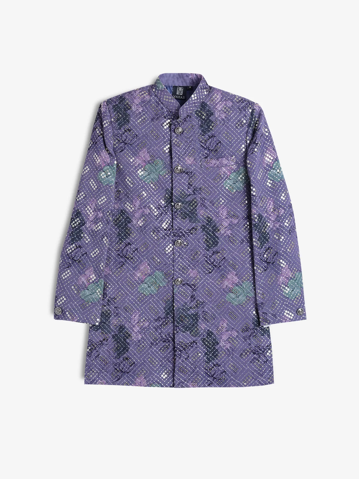 Purple floral printed silk indowestern