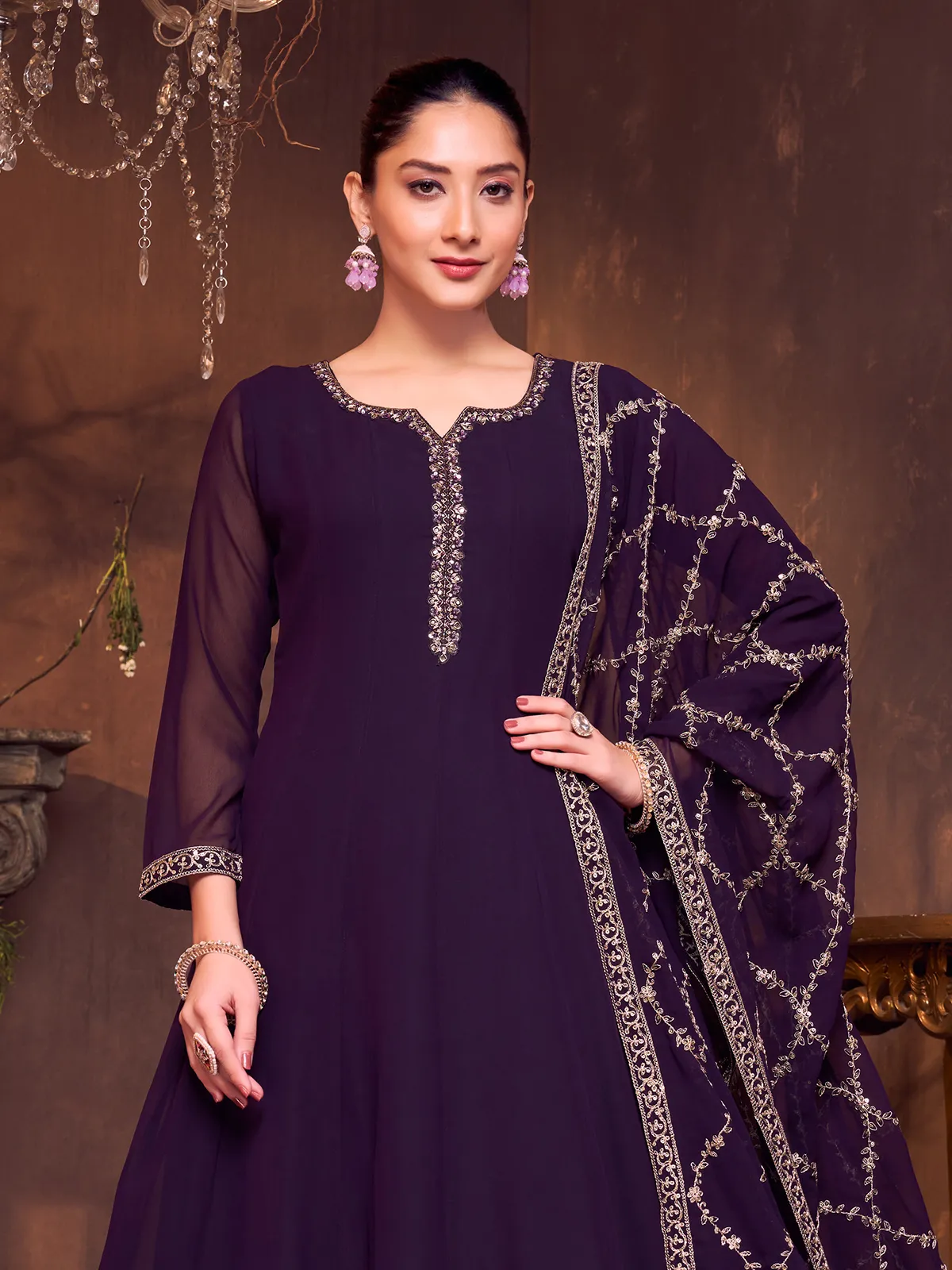 purple georgette dress Imperial Orchid Georgette Gown( Deep Wine ) Connect with WhatsApp - 8240576497 WhatsApp Link