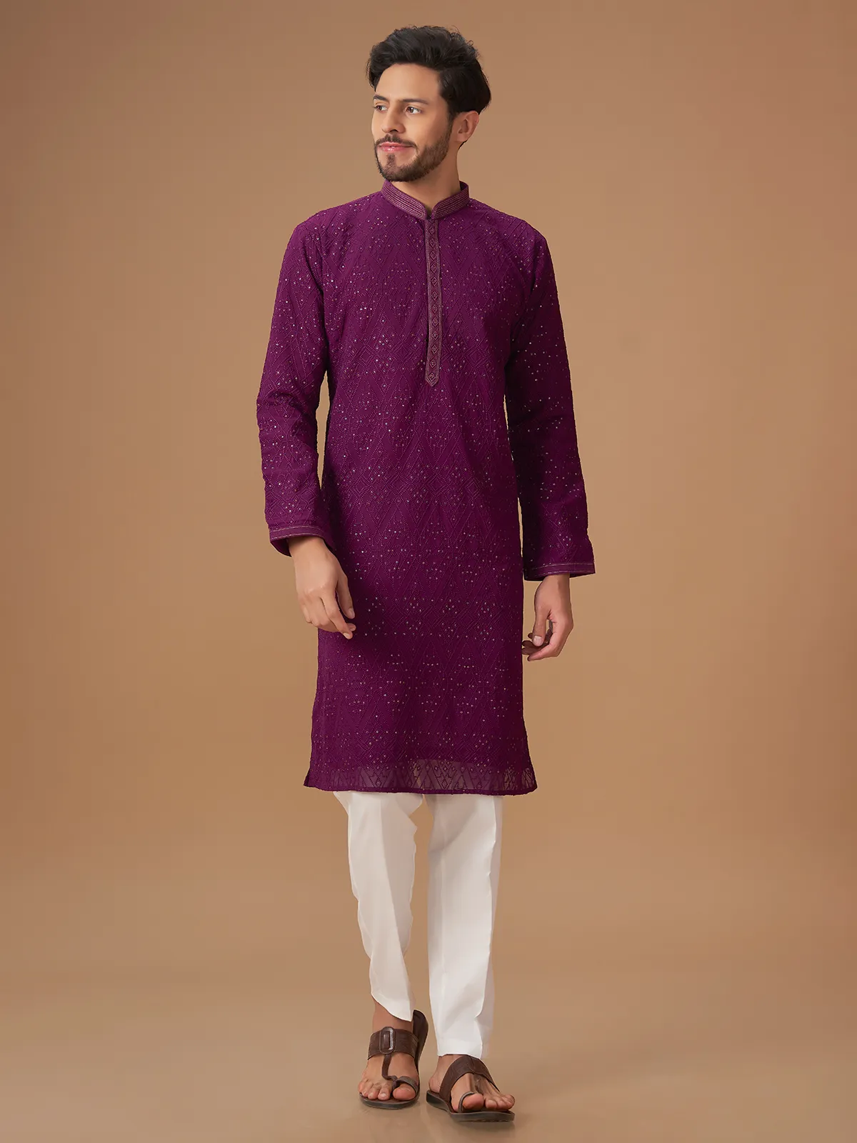 Purple  Men Kurta pajama with embroidery