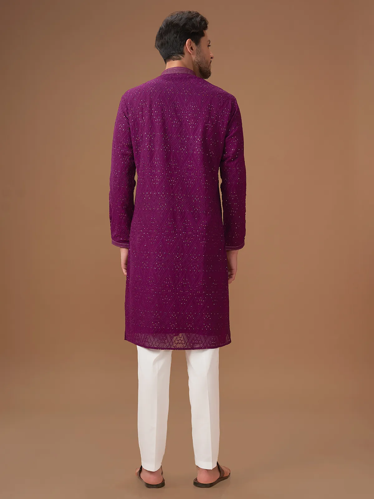 Purple  Men Kurta pajama with embroidery