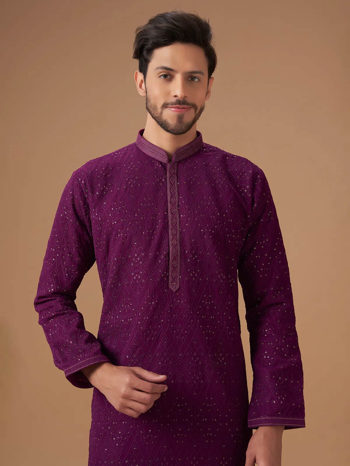 Purple  Men Kurta pajama with embroidery