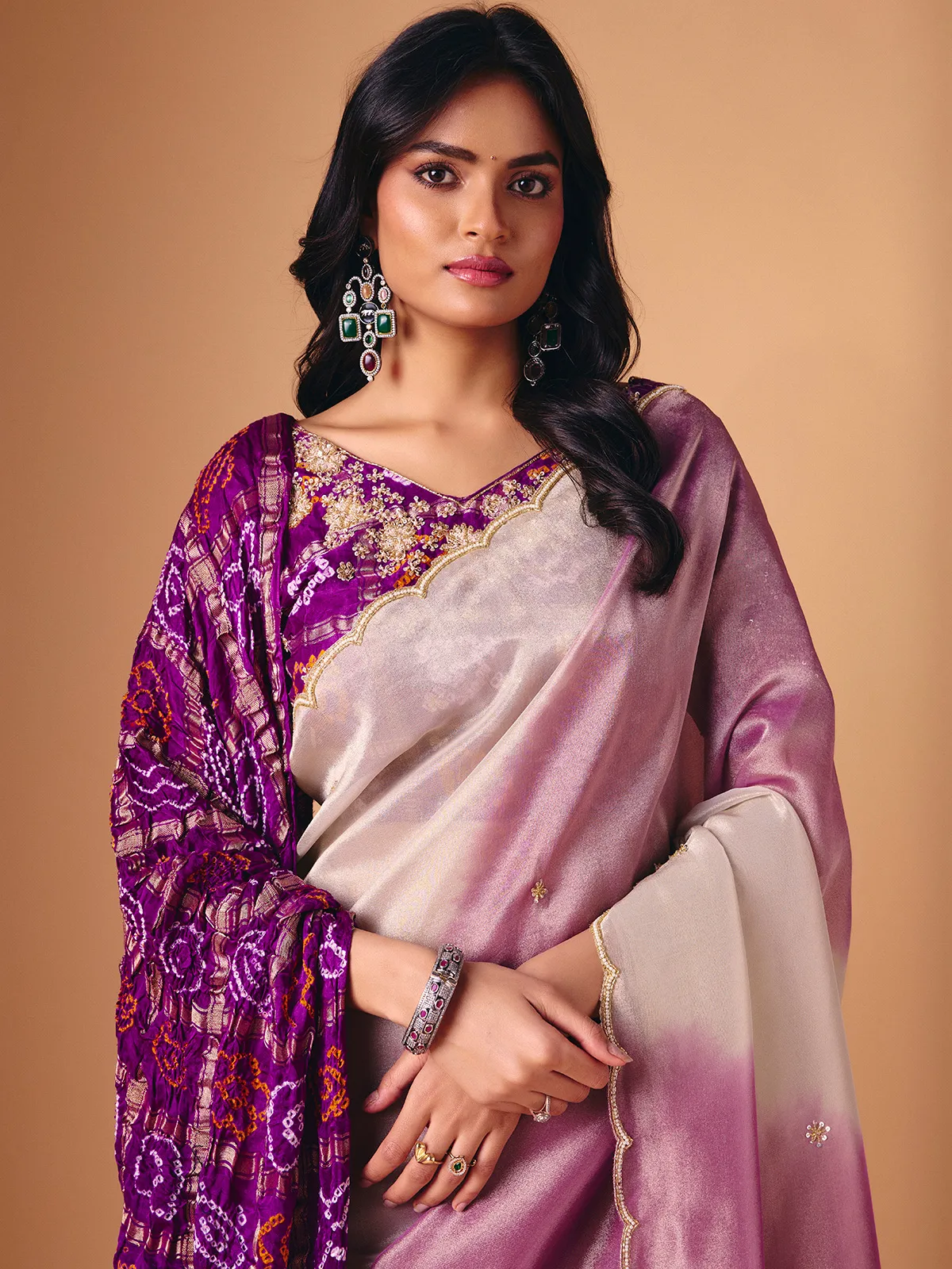 Purple off white shaded tissue saree