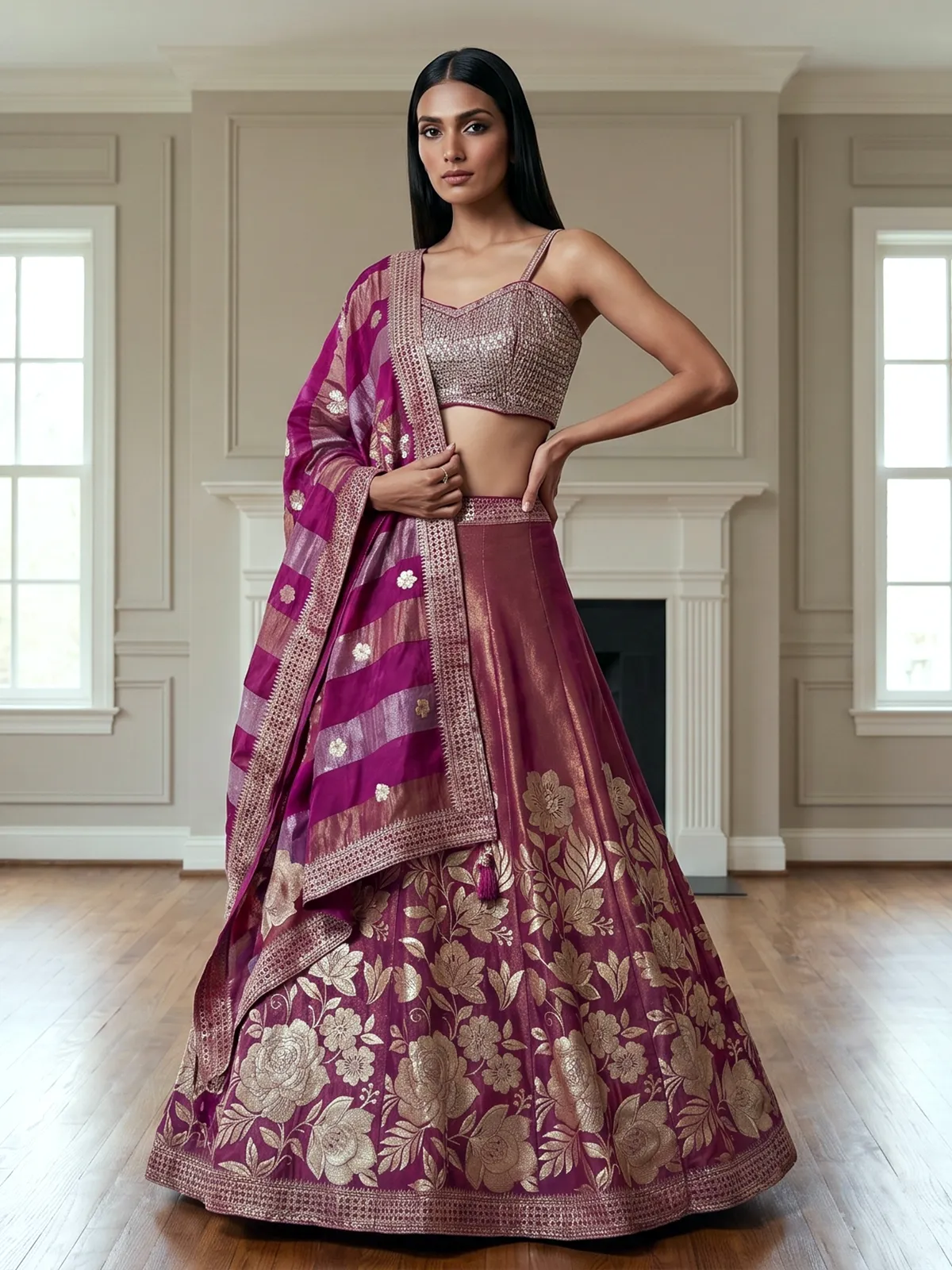 Purple peach silk lehenga choli with floral motifs