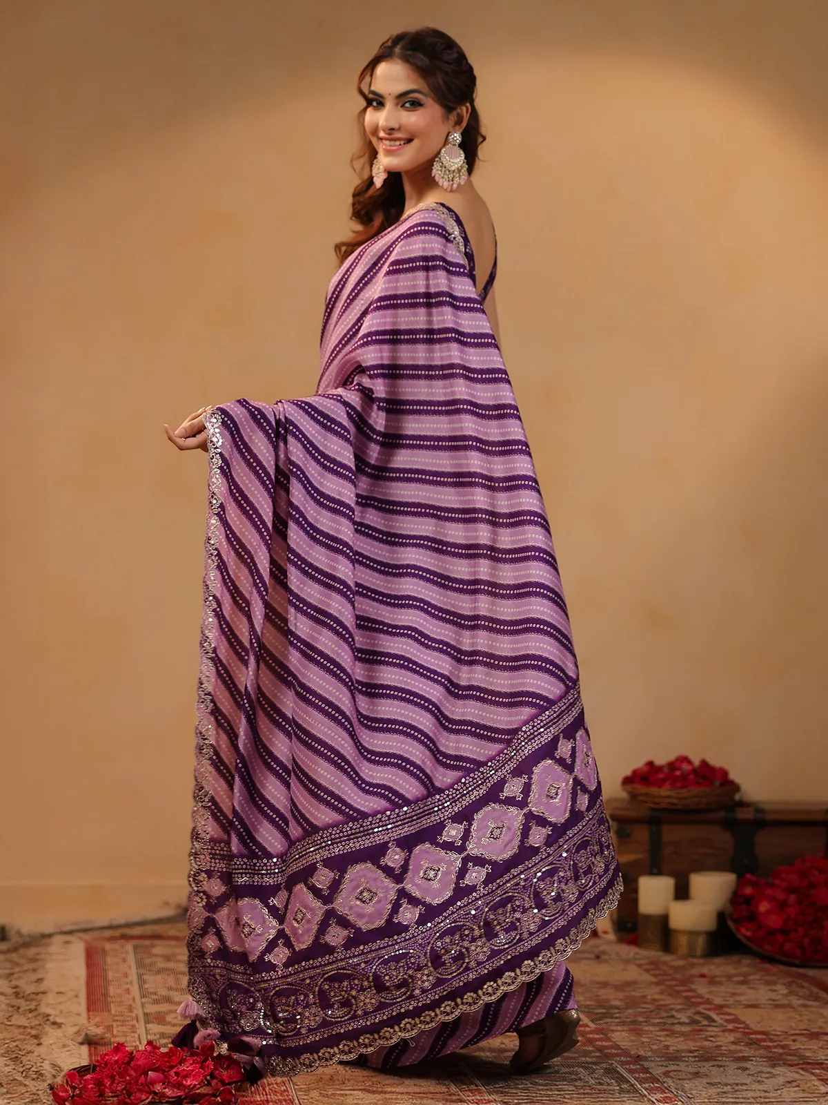 Purple printed silk saree with resham and gota...
