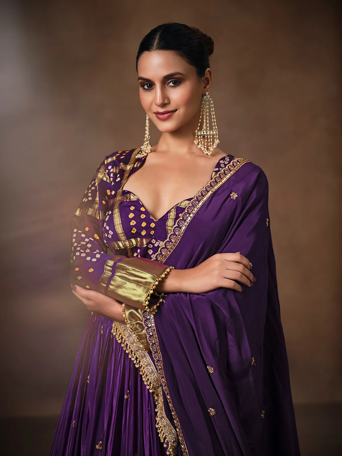 Purple satin crepe silk embellished lehenga choli