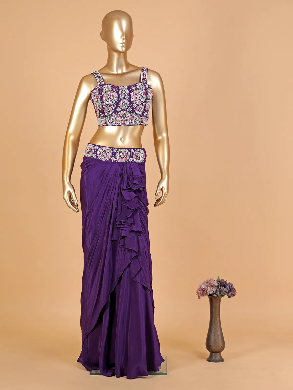 Purple satin lehenga choli with ruffle dupatta