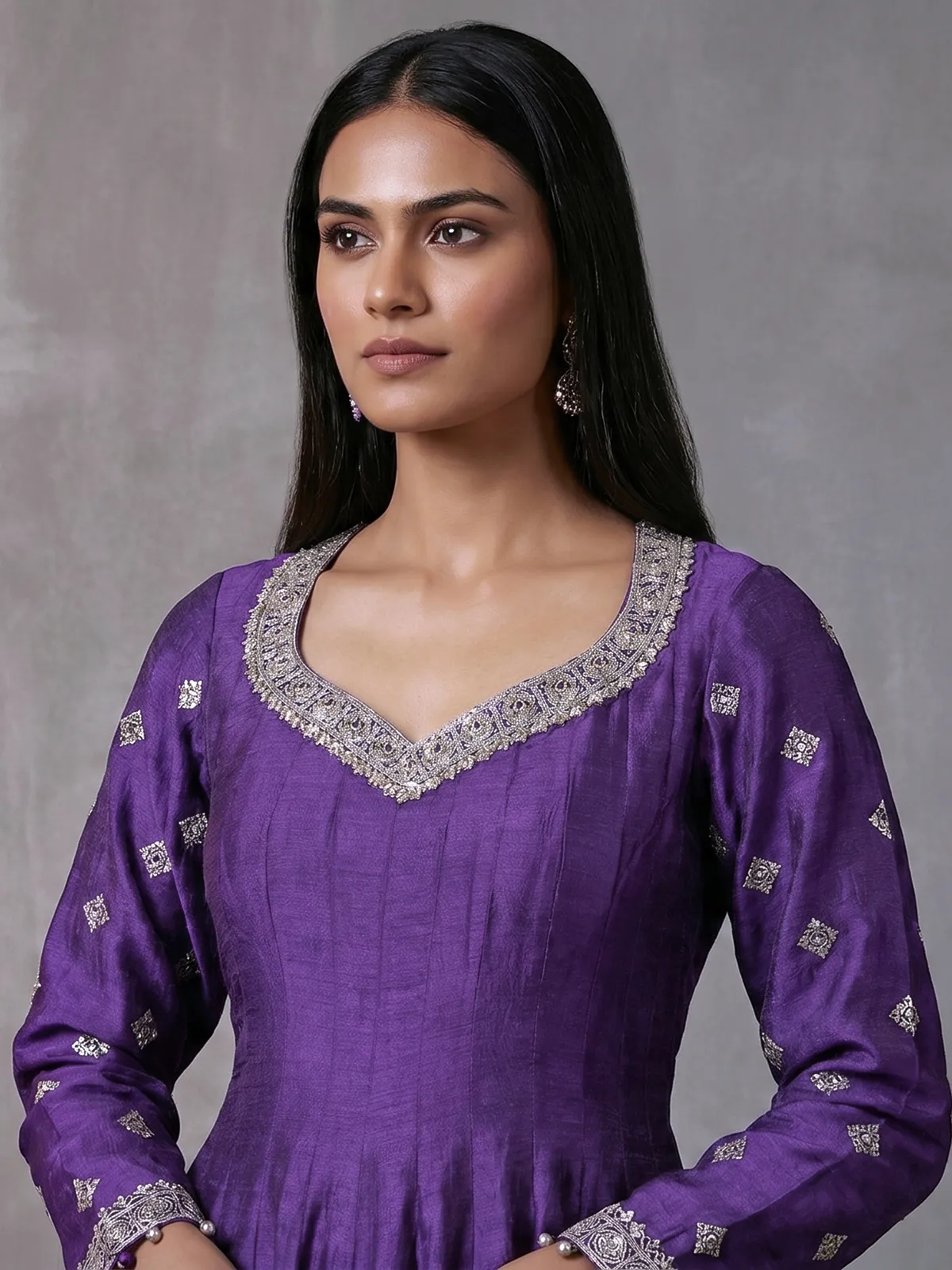Purple silk anarkali suit with pearl embellishments