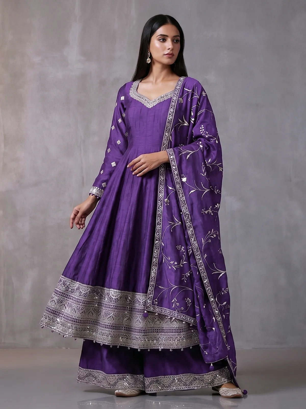 Purple silk anarkali suit with pearl embellishments-G3-WSS45635 |...