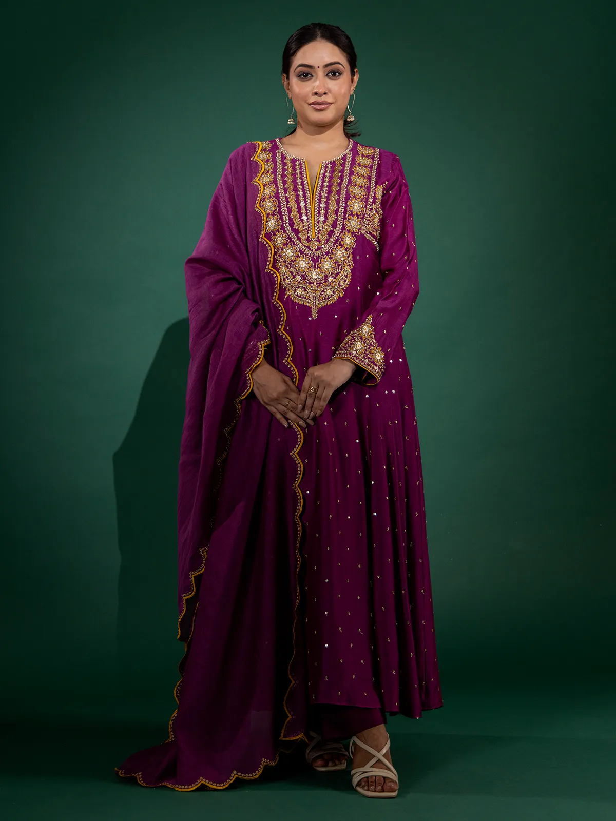 Purple silk anarkali suit with zardosi and cutdana detailing
