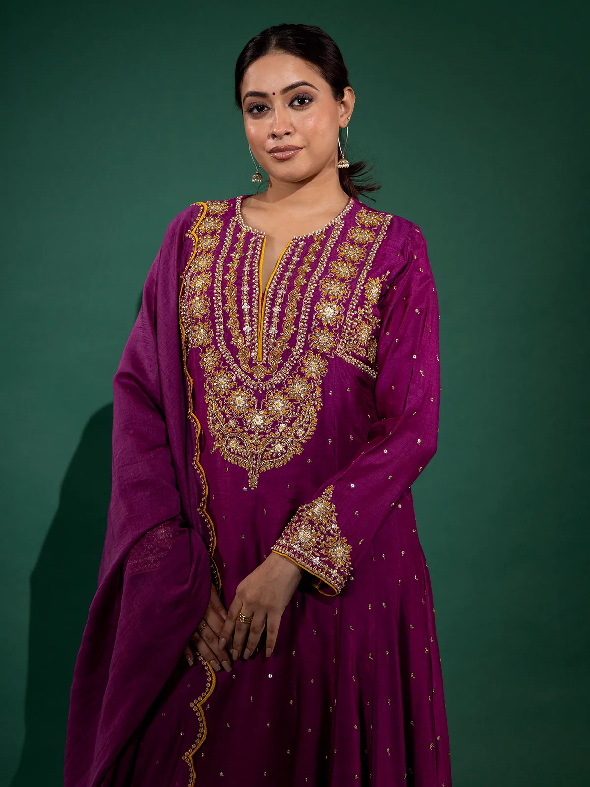 Purple silk anarkali suit with zardosi and cutdana detailing