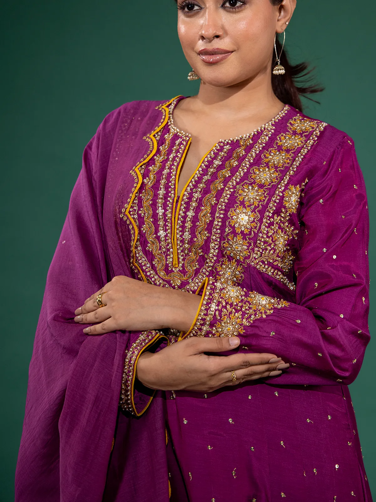 Purple silk anarkali suit with zardosi and cutdana detailing