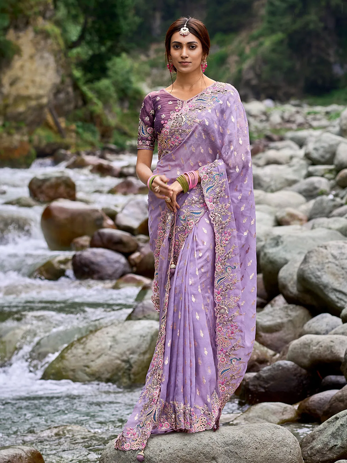 Purple silk embroidery saree