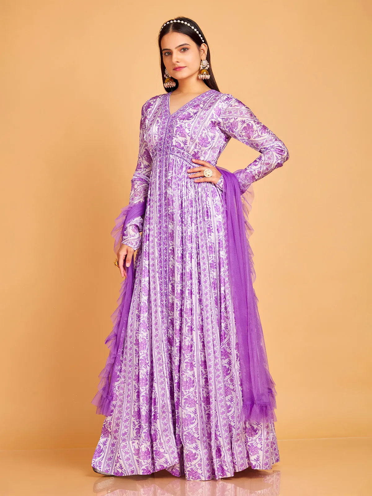 Purple silk printed aila cut anarkali suit