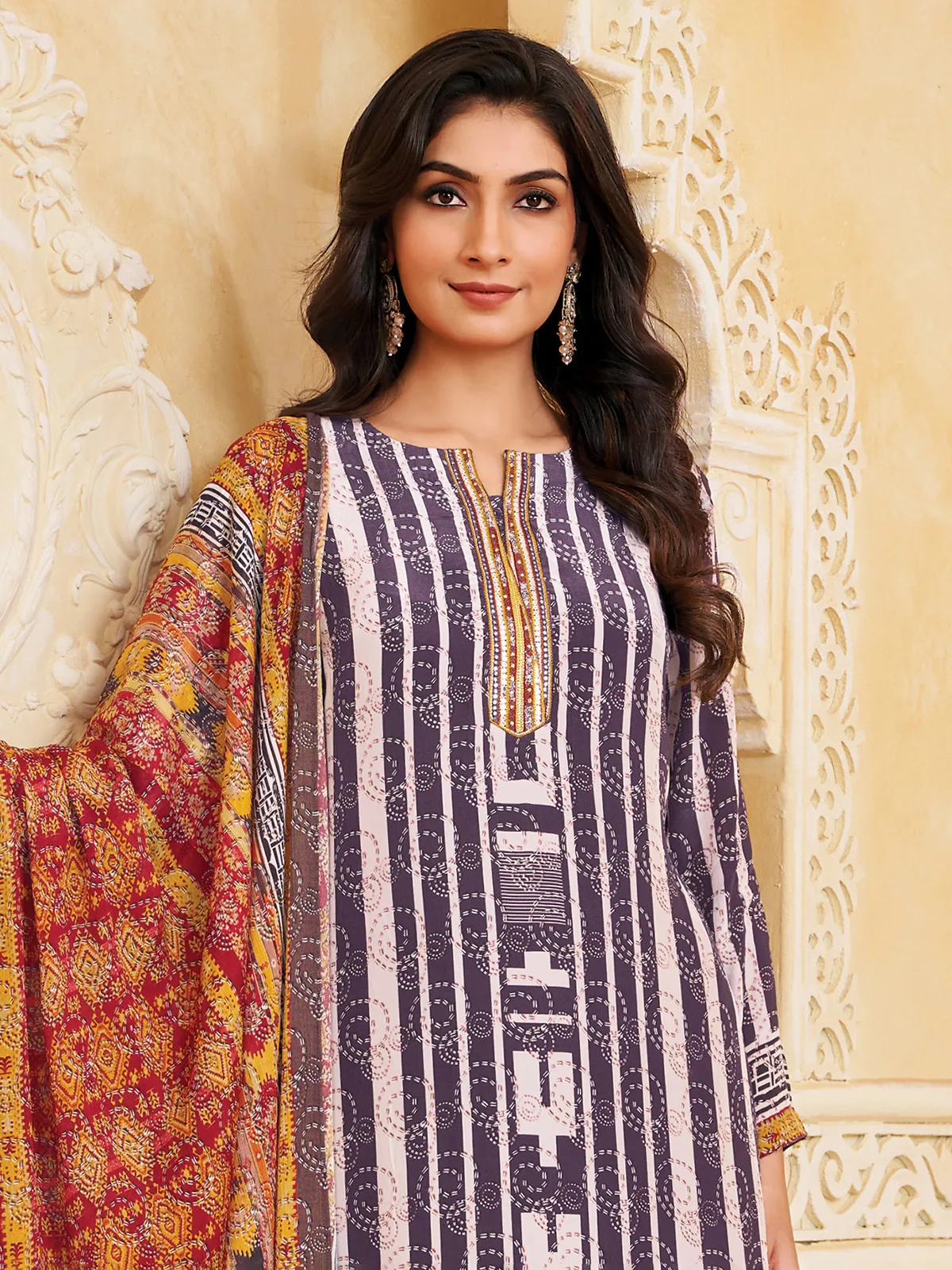 Purple silk printed straight cut festive salwar suit