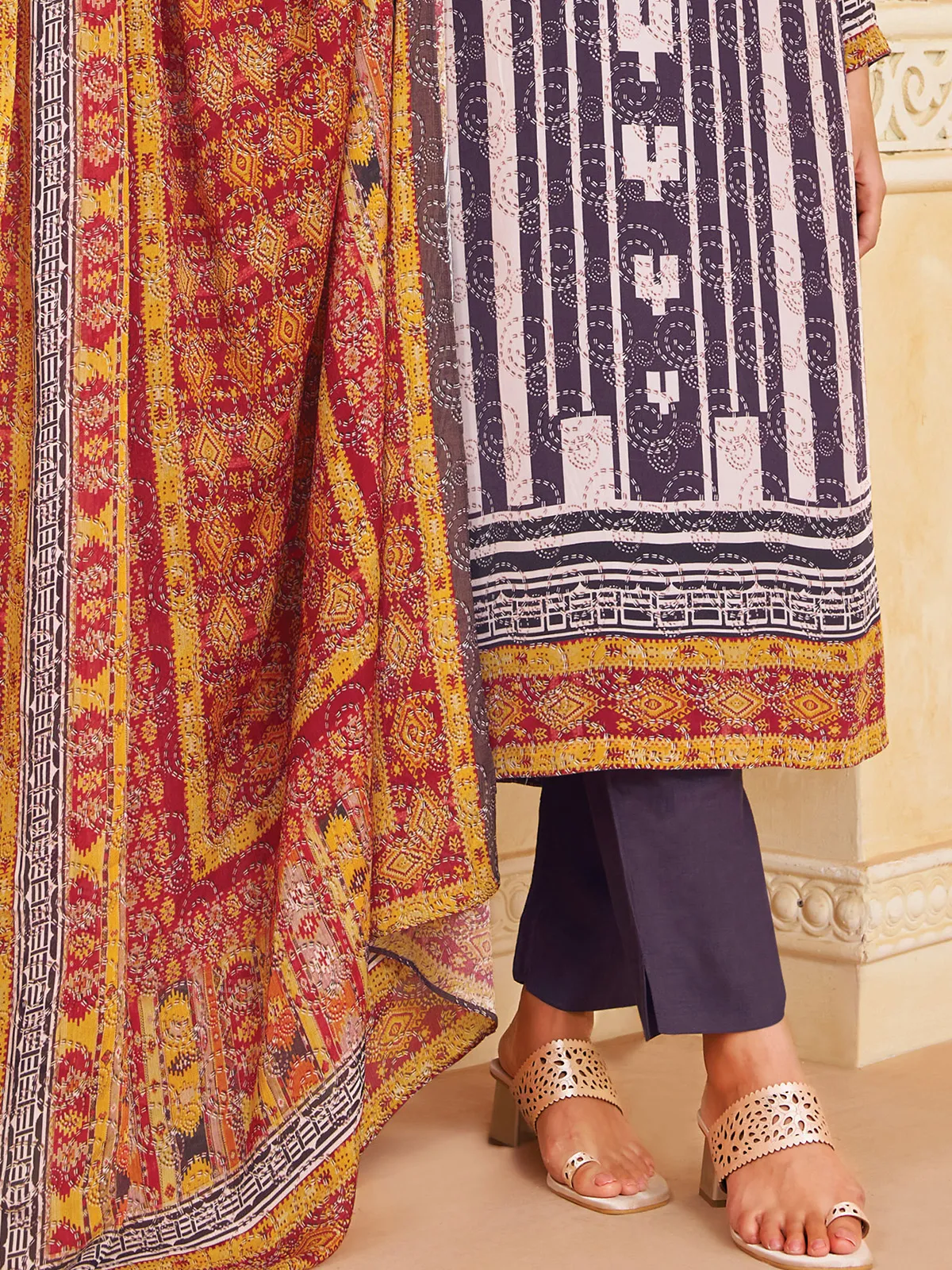 Purple silk printed straight cut festive salwar suit
