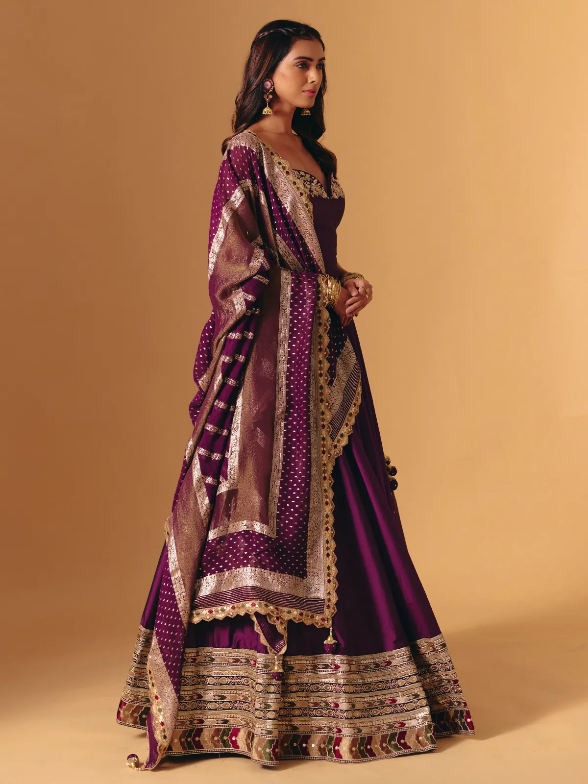 Purple silk wedding wear lehenga choli with zardosi detailing
