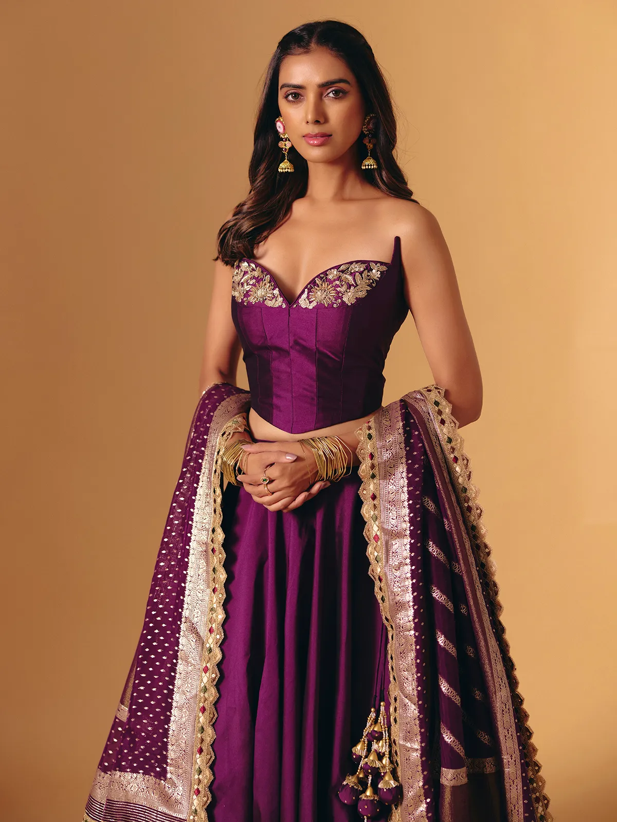 Purple silk wedding wear lehenga choli with zardosi detailing