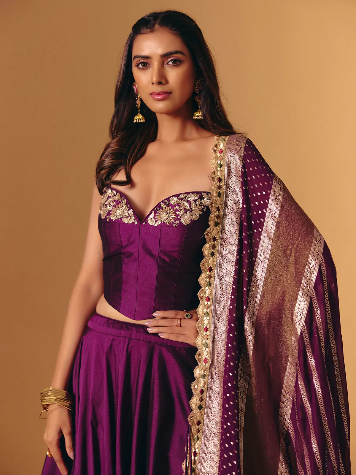 Purple silk wedding wear lehenga choli with zardosi detailing