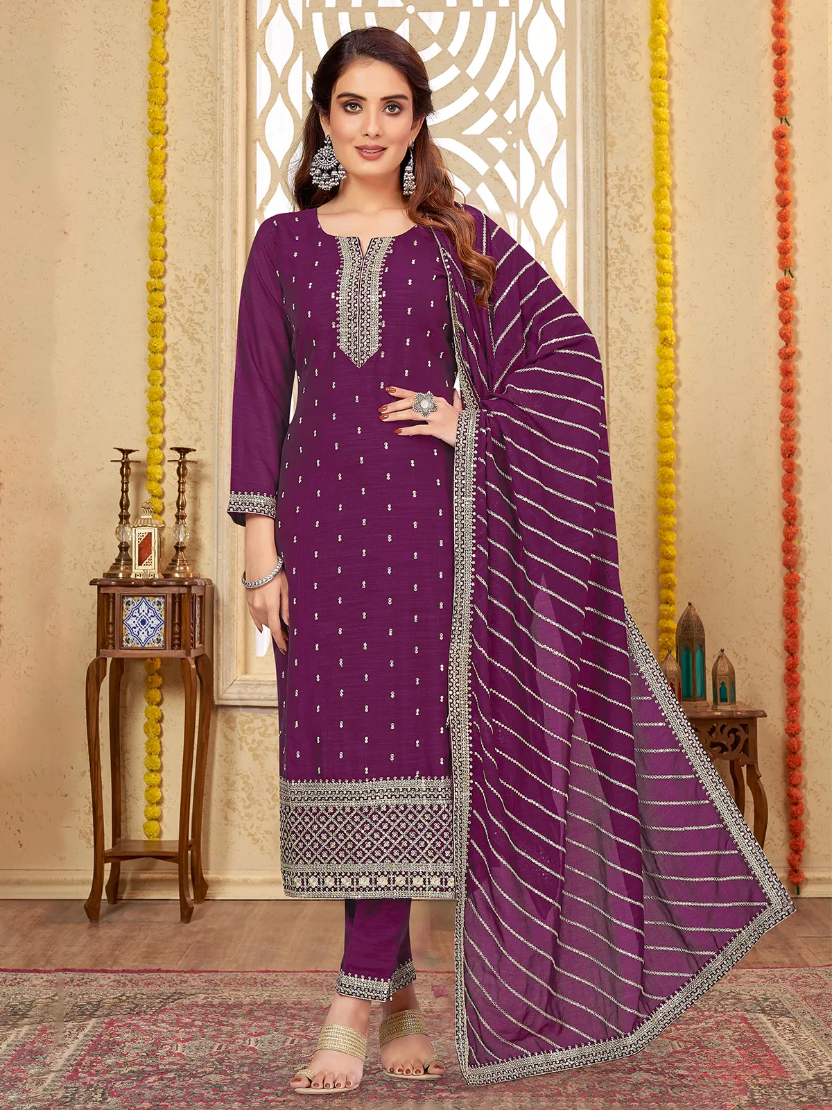 Purple silk zari work salwar suit