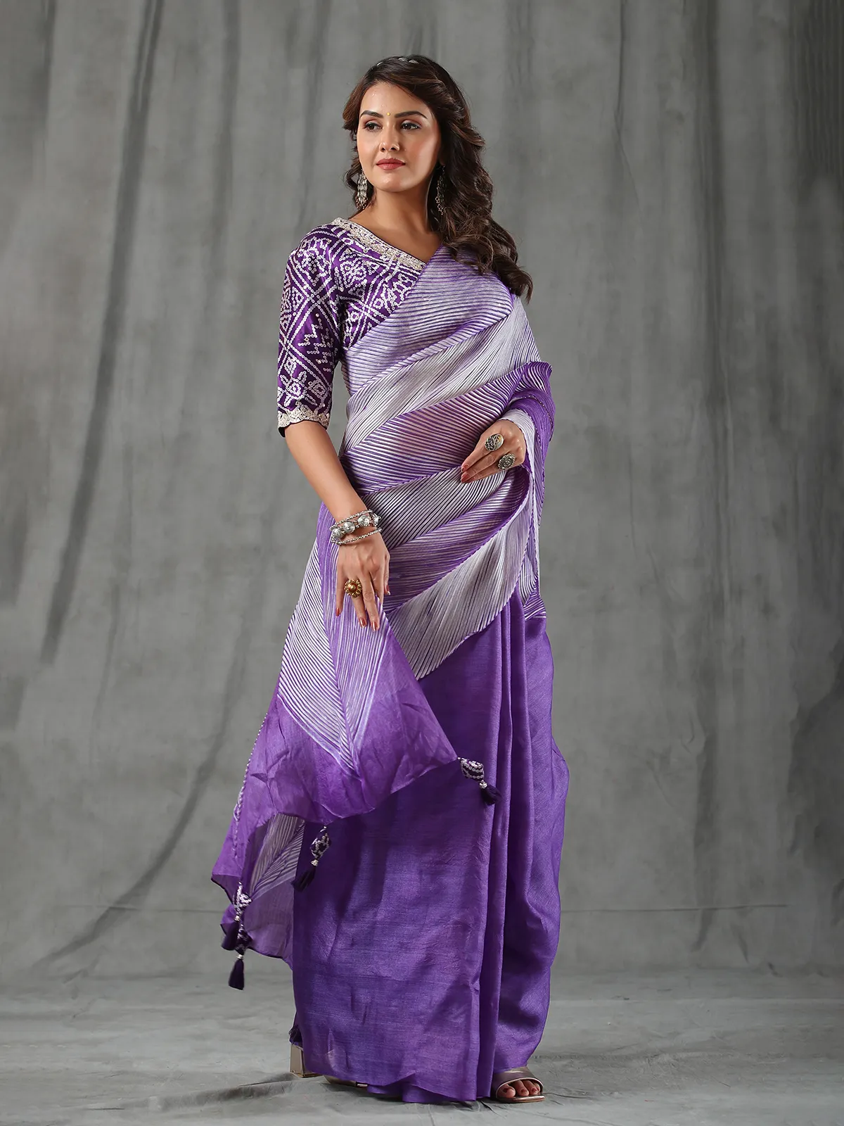 Purple tussar silk half n half saree
