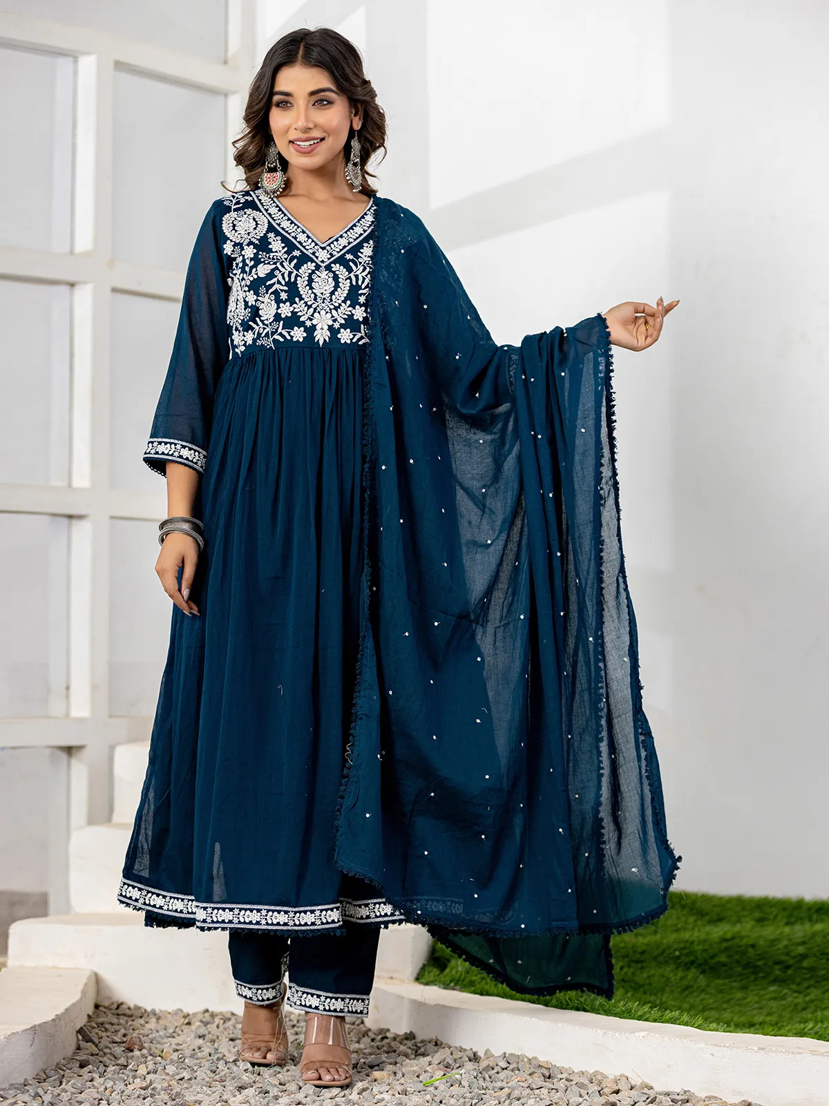 Rama blue anarkali cotton kurti set