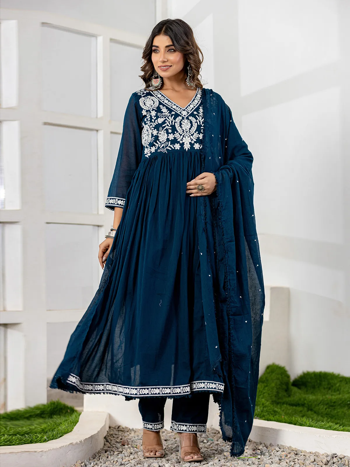 Rama blue anarkali cotton kurti set