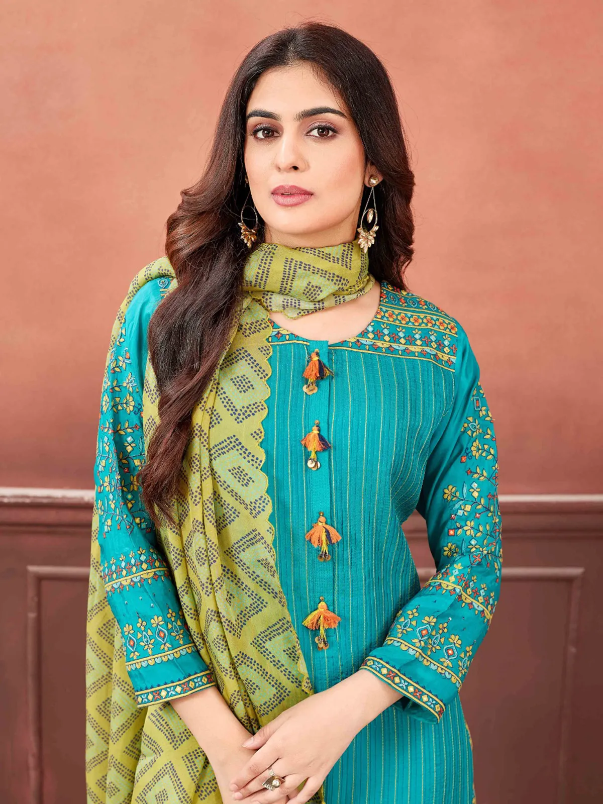 Rama blue cotton silk stripe salwar suit