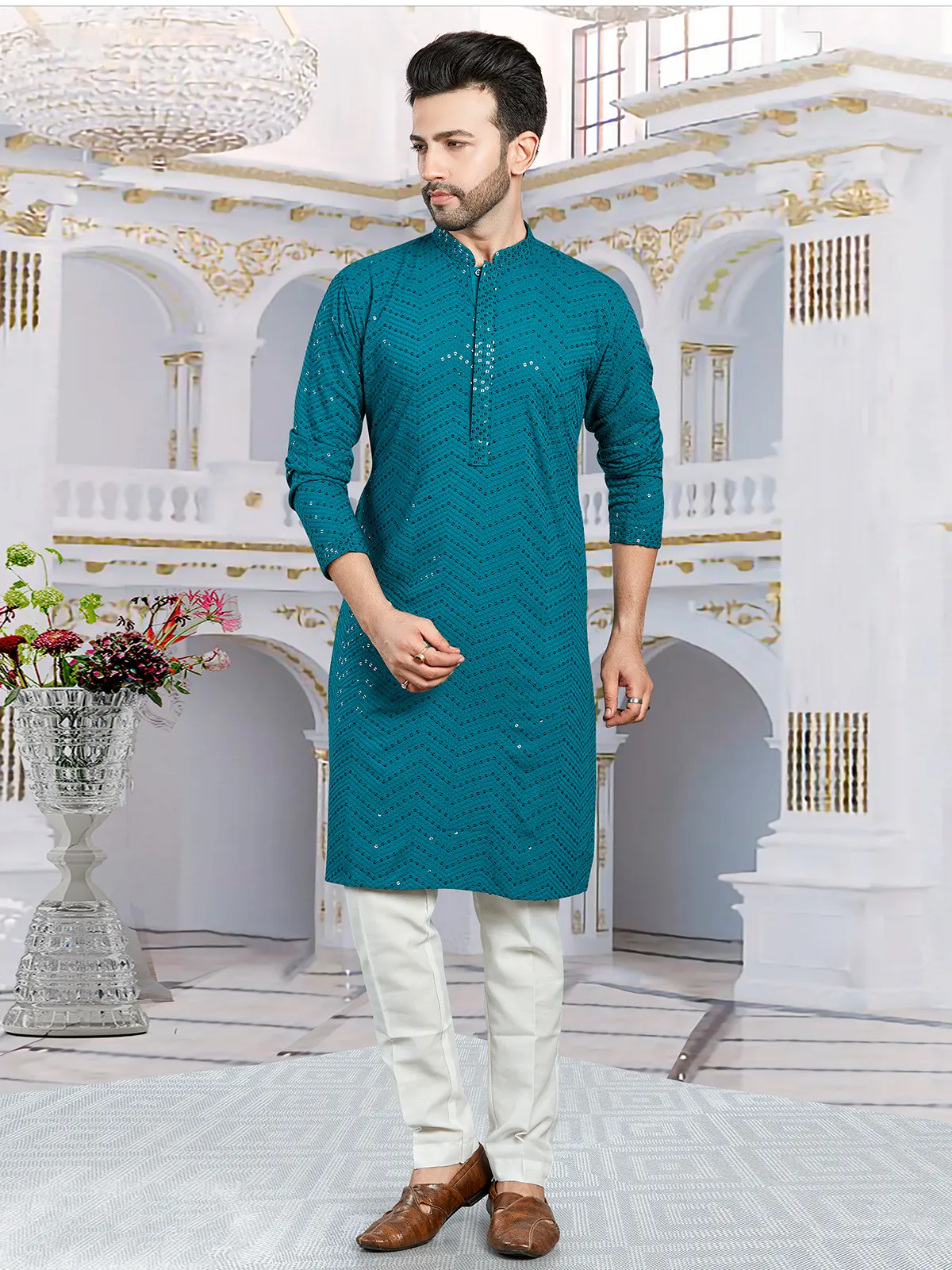 Rama blue embroidery  Men Kurta pajama in georgette