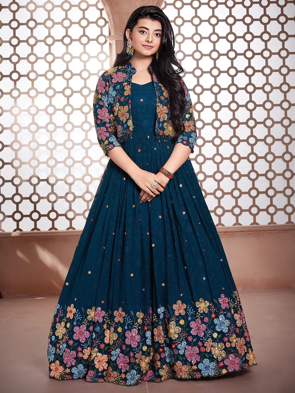 Rama blue georgette gown with jacket