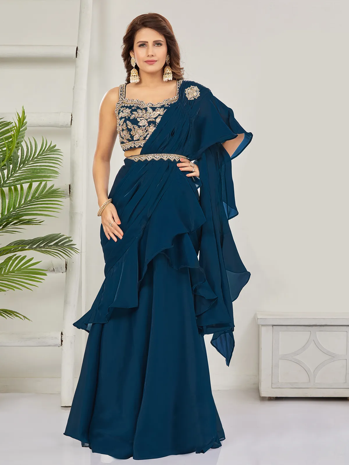 Rama blue organza ready drape saree