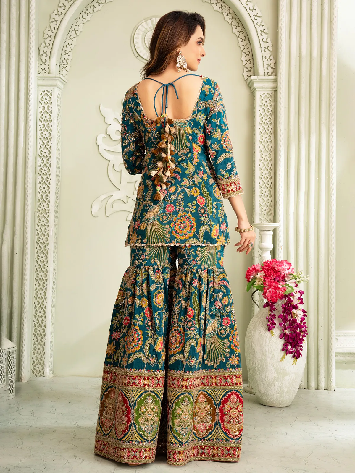 Rama Blue Pakistani Silk Sharara Suit With Zardosi Work