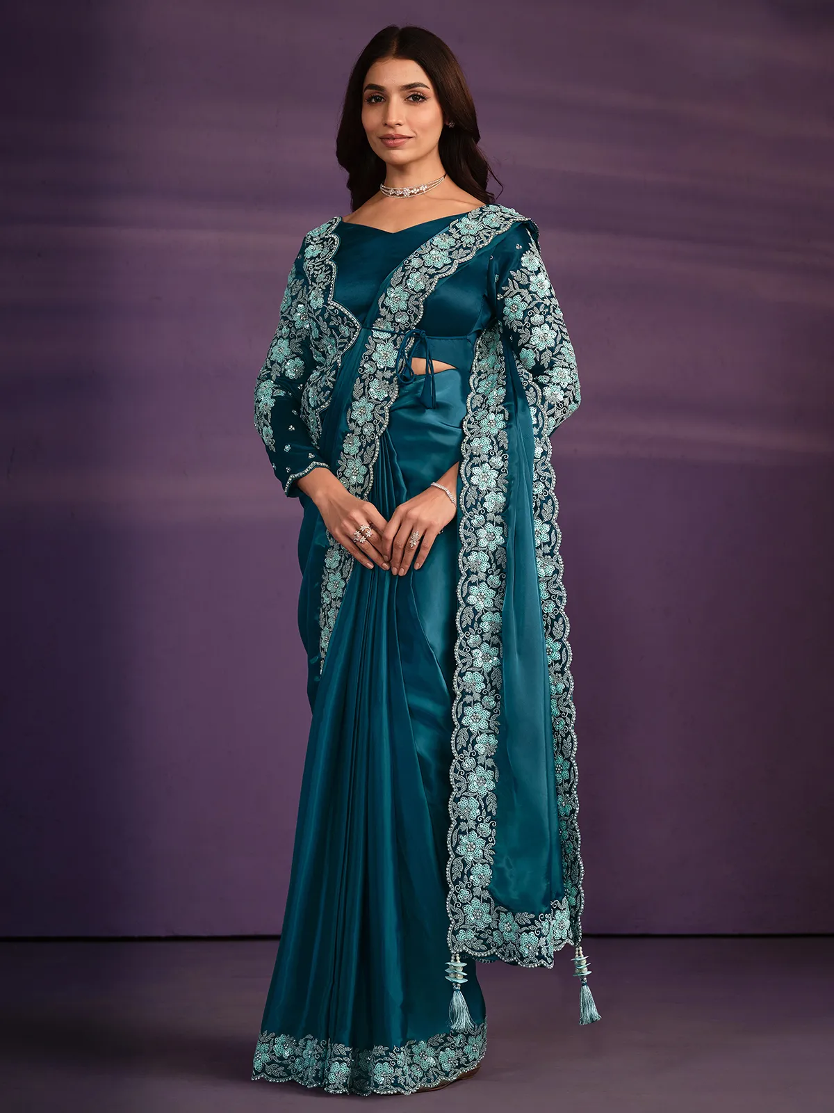 Rama blue pre-stitched saree