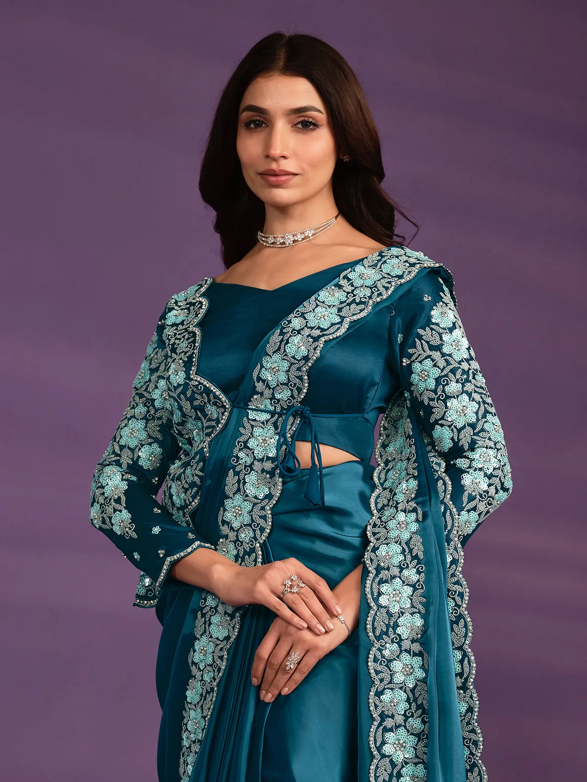 Rama blue pre-stitched saree