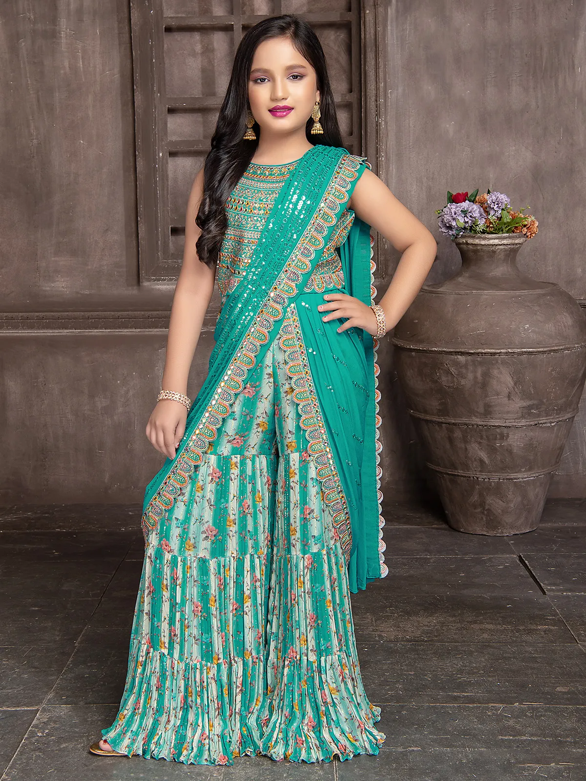 Rama blue sharara suit with attached drape dupatta