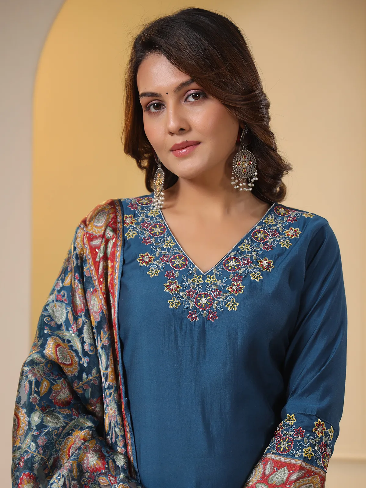 Rama blue silk kurti set with dupatta