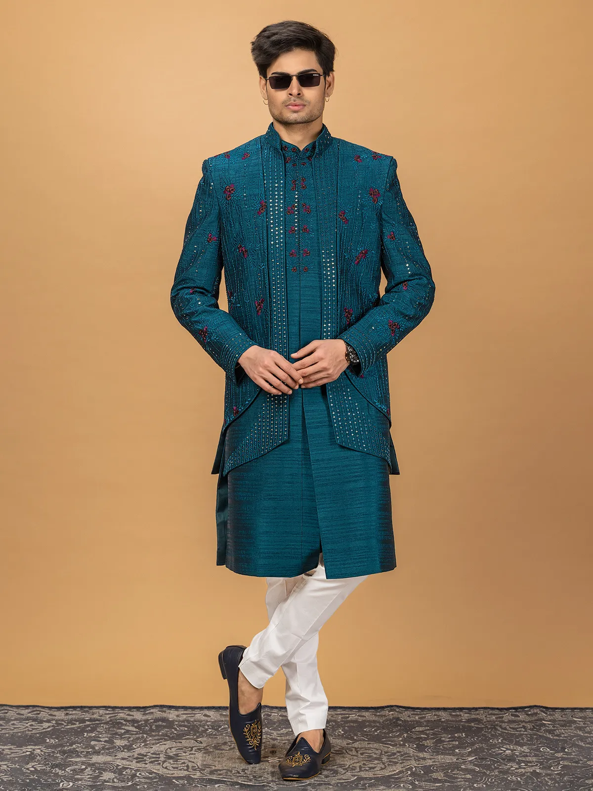 Rama blue silk men indowestern for wedding