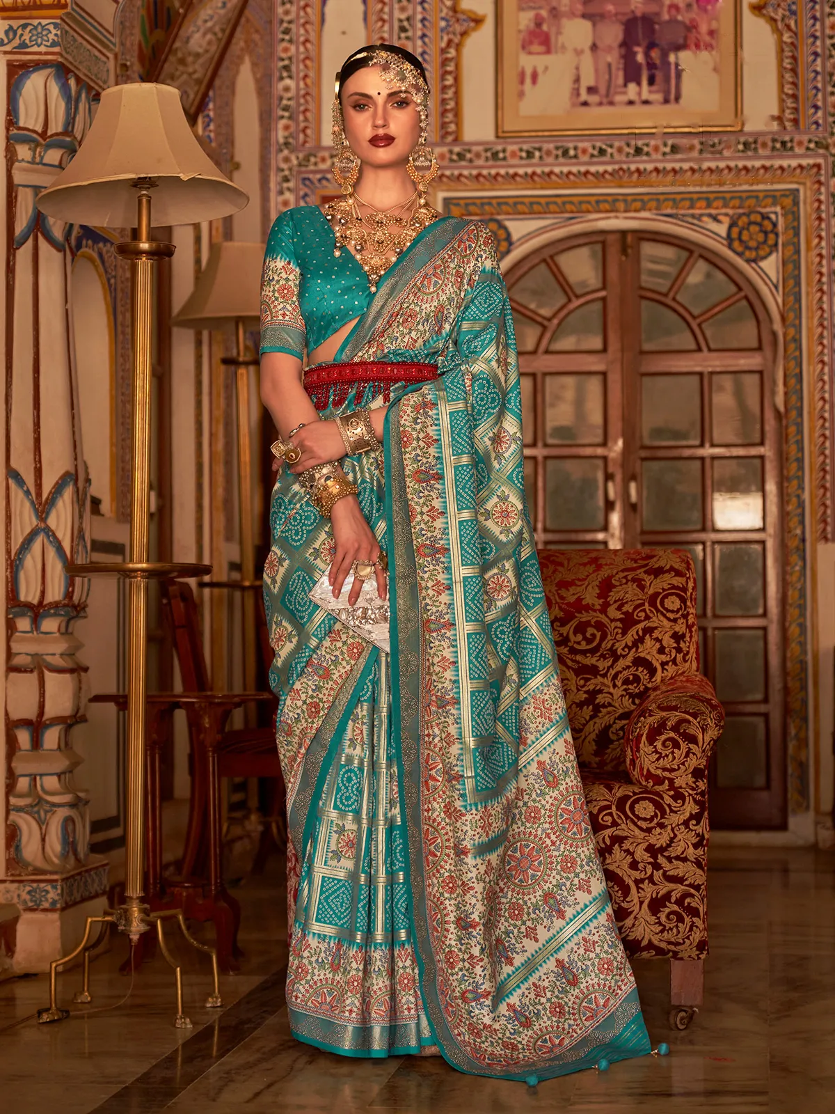 Rama blue silk saree with swarovski border