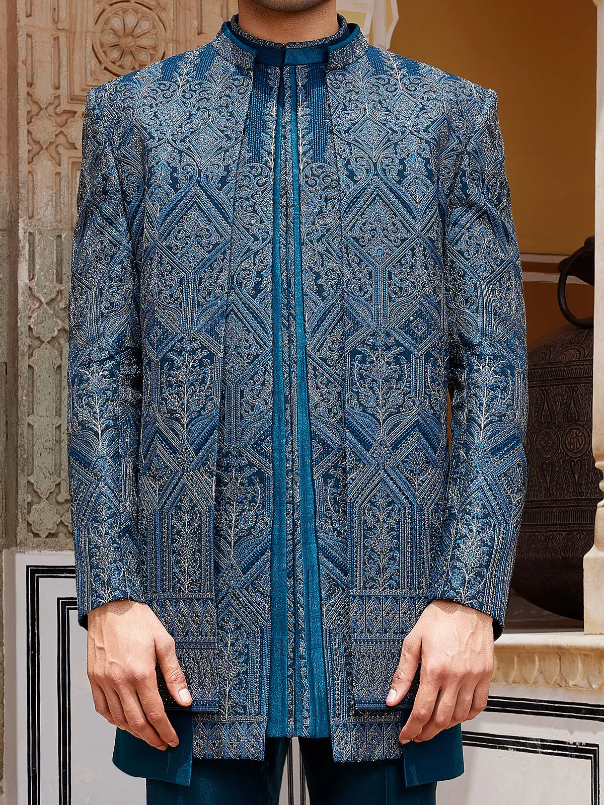 Rama blue timeless raw silk indo western for men-G3-MIW8208