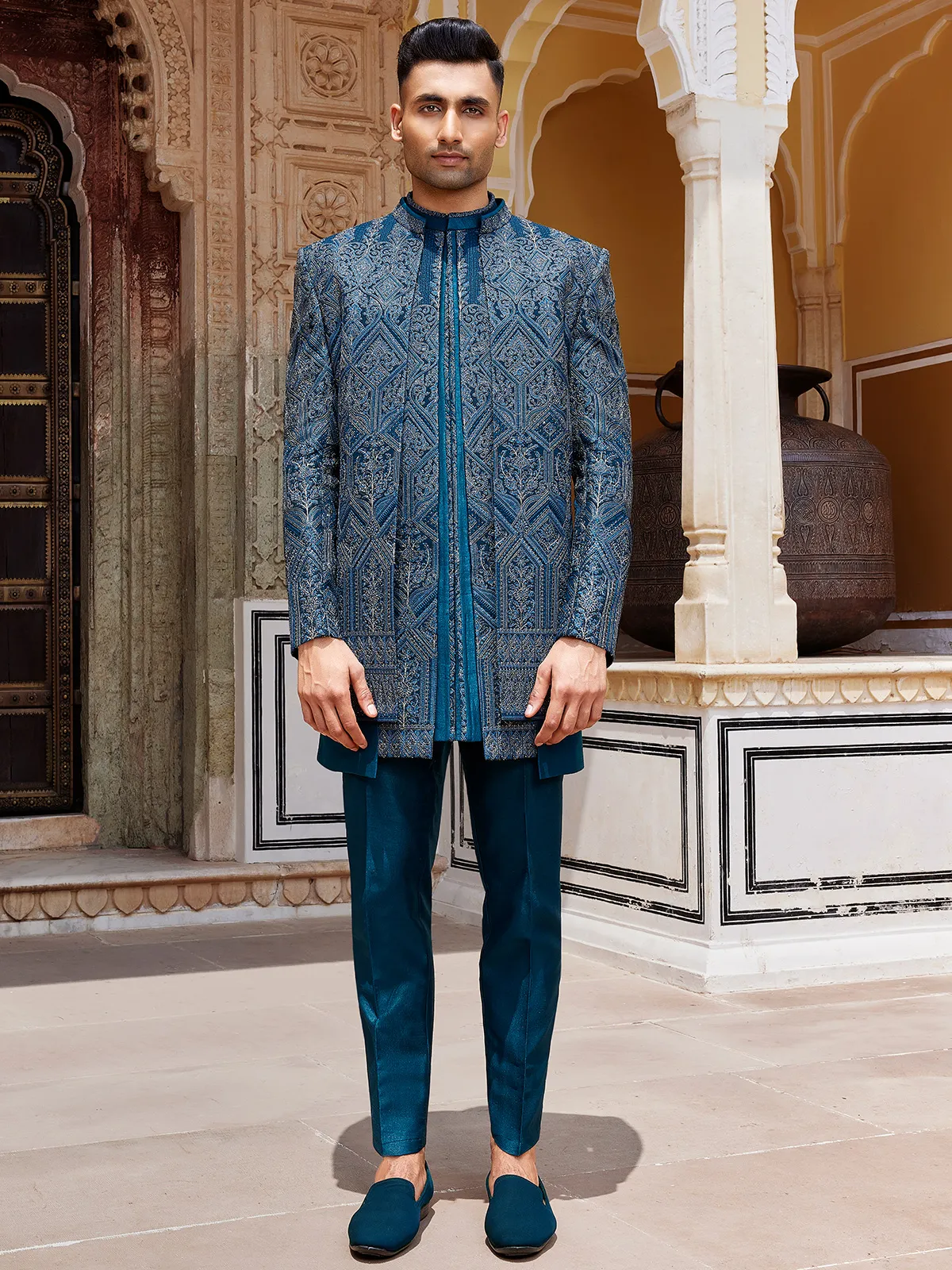 Rama blue timeless raw silk indo western for men-G3-MIW8208