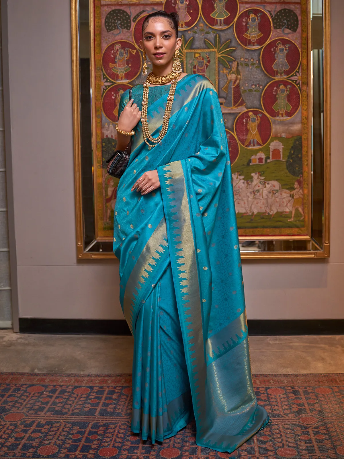 Rama blue zari woven silk saree