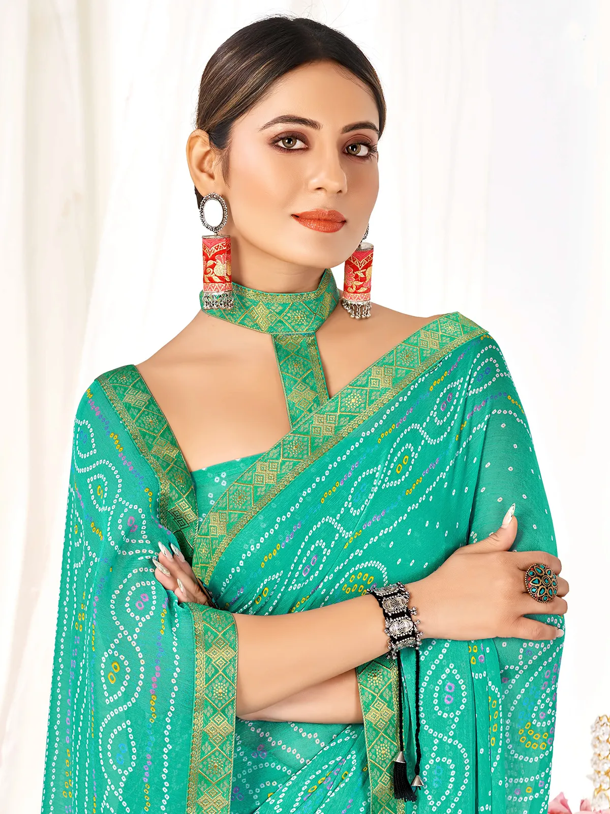 Rama green bandhani printed saree