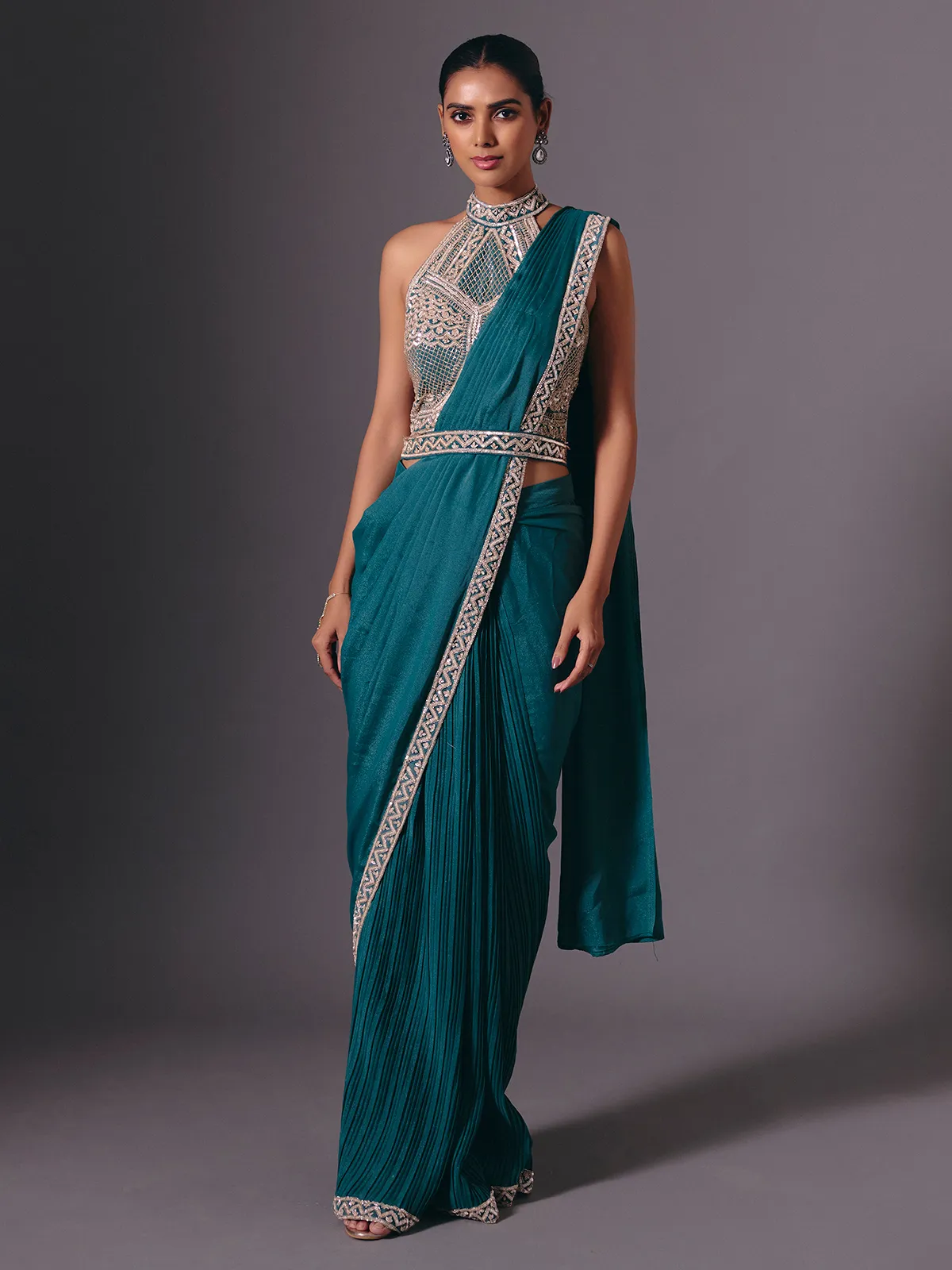 Rama green cruss lycra saree with designer belt