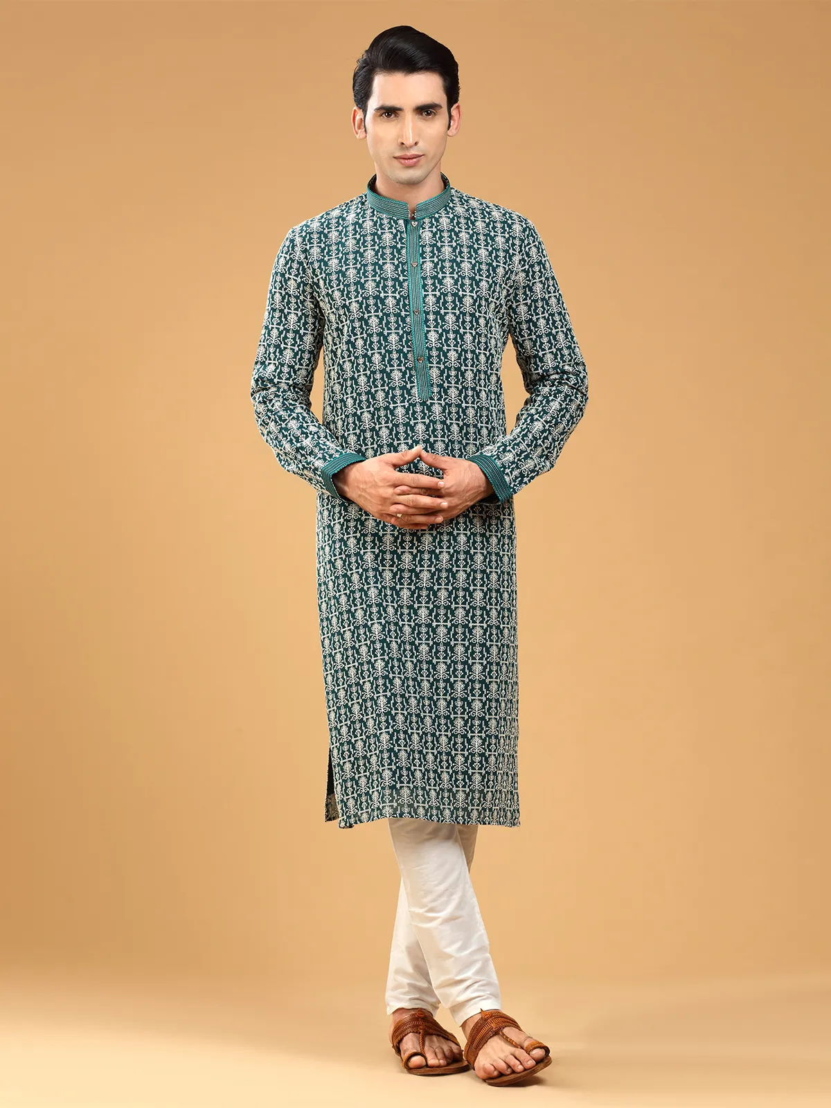 Rama green georgette  Men Kurta pajama for festive