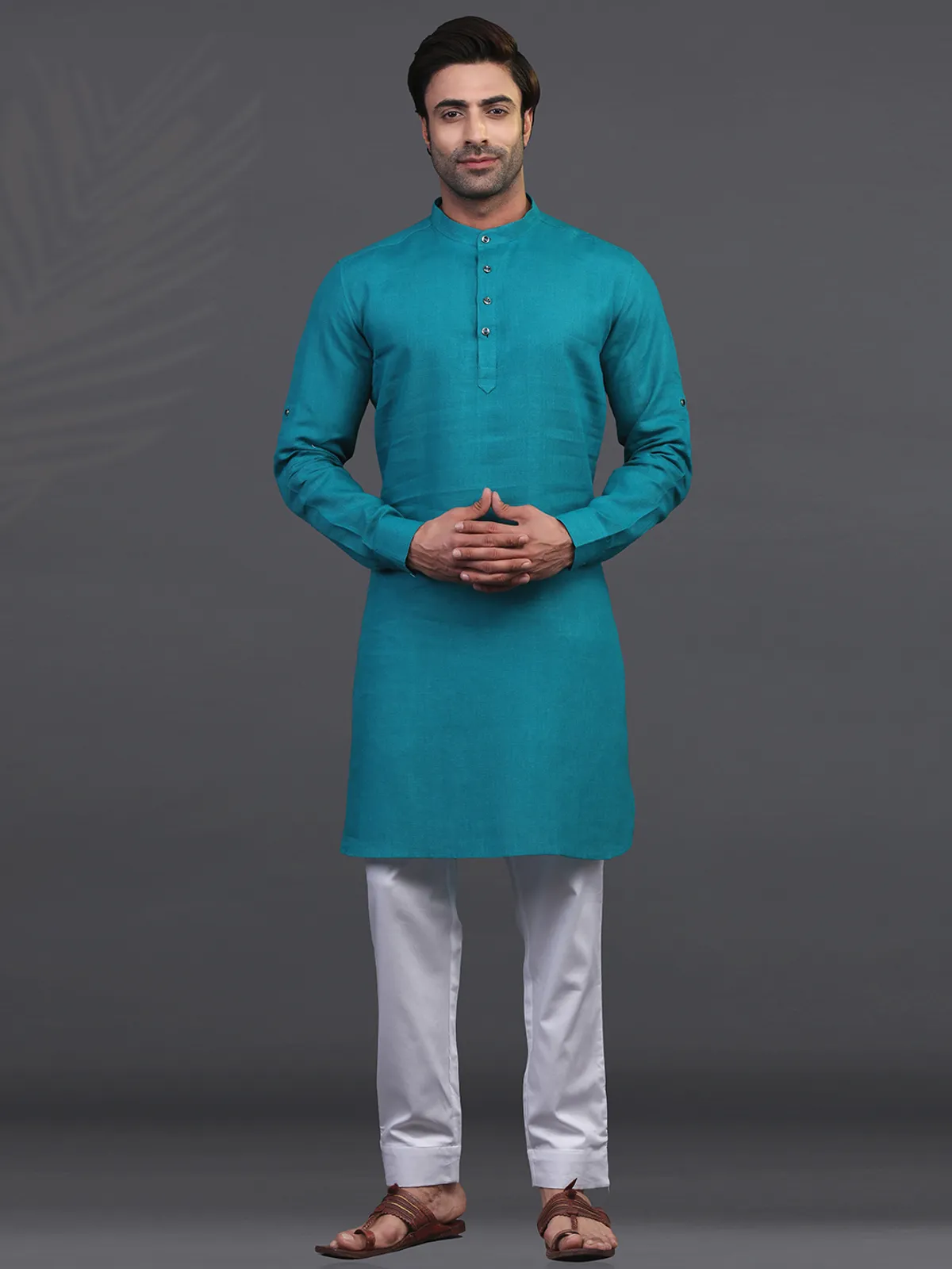 Rama green linen festive wear kurta suit