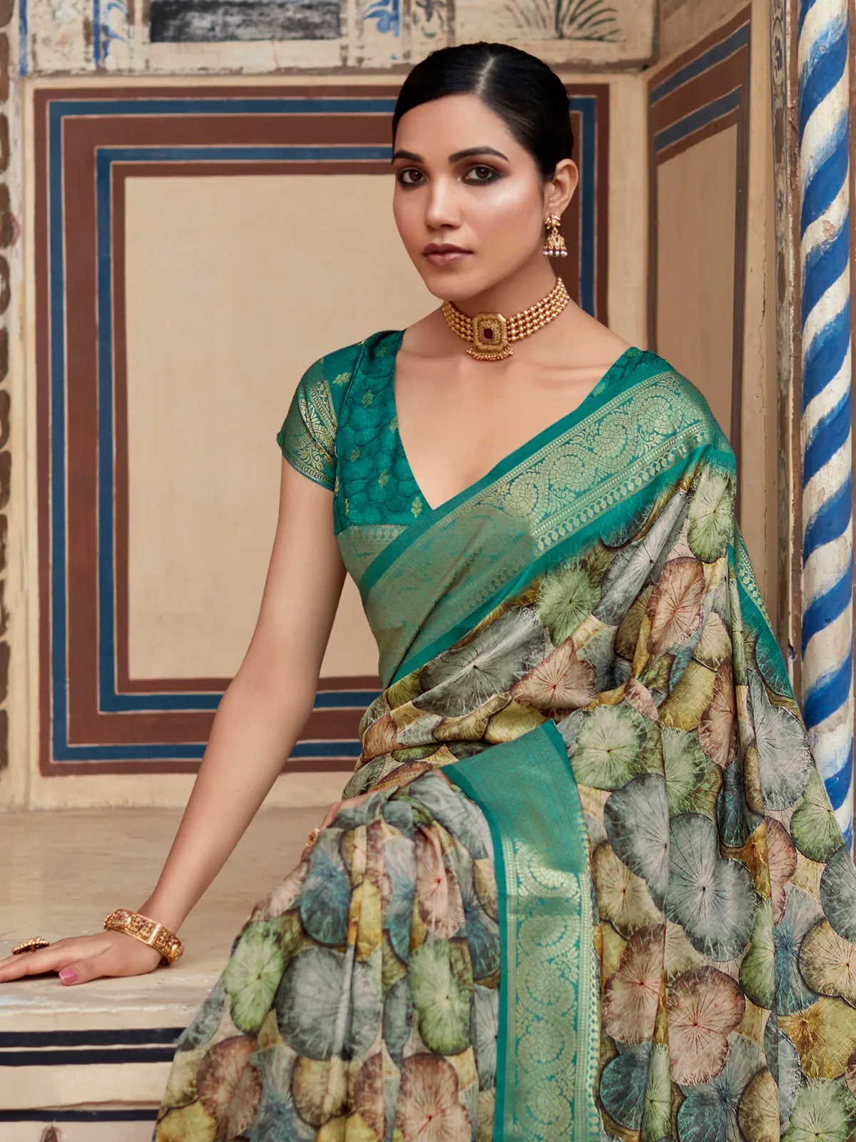 Rama green printed saree in silk