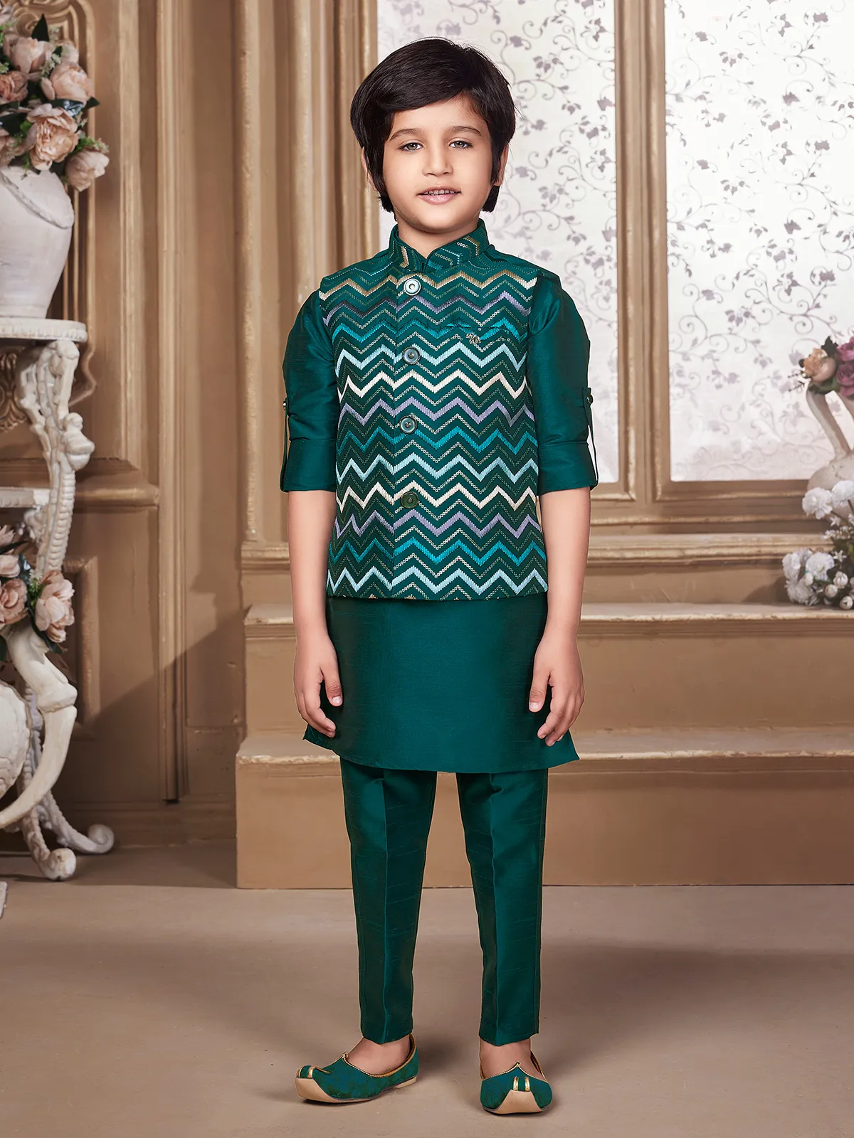 Rama green raw silk waistcoat set