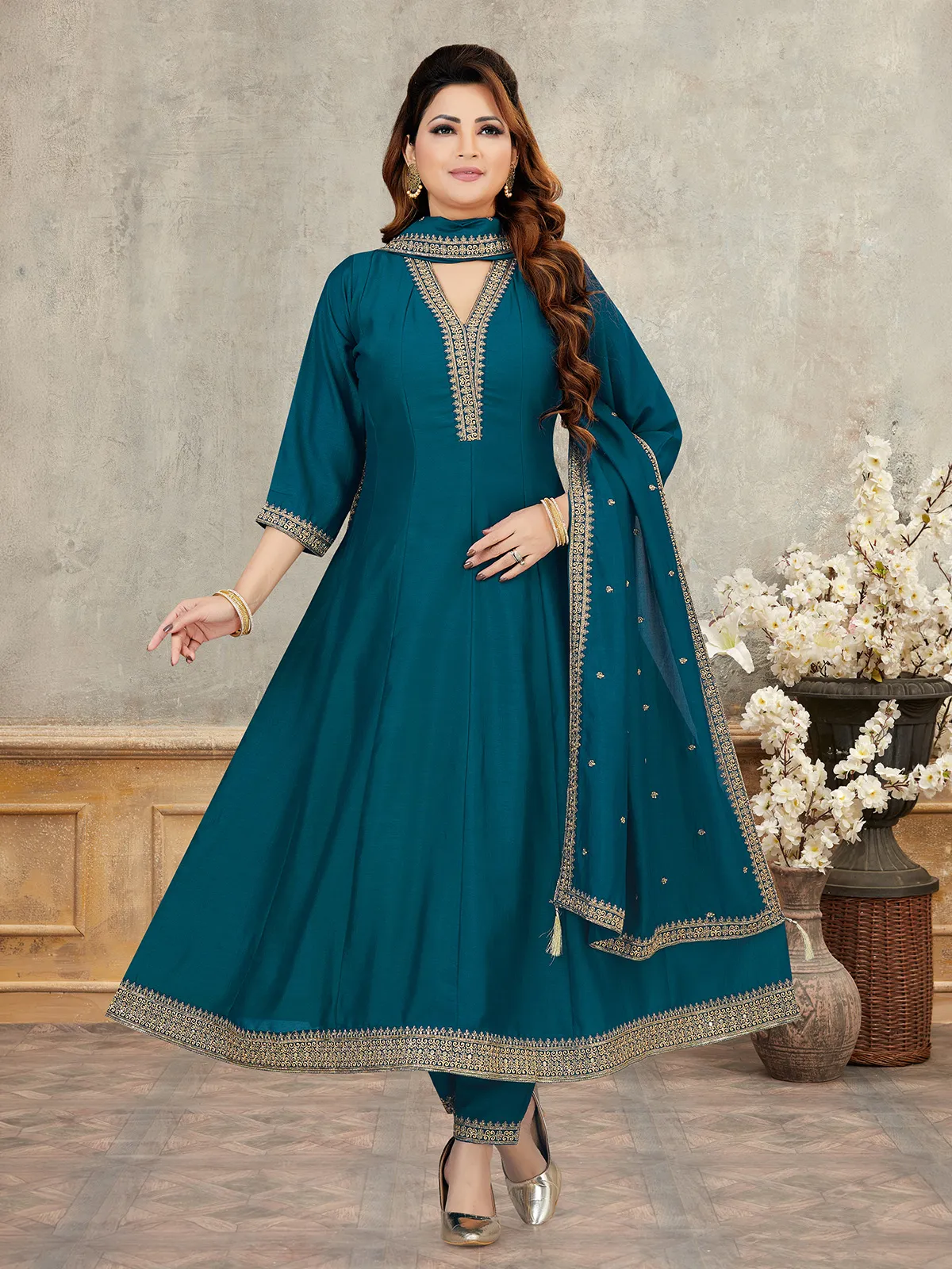 Rama green silk anarkali suit with elegant detailing-G3-WSS45772 |...
