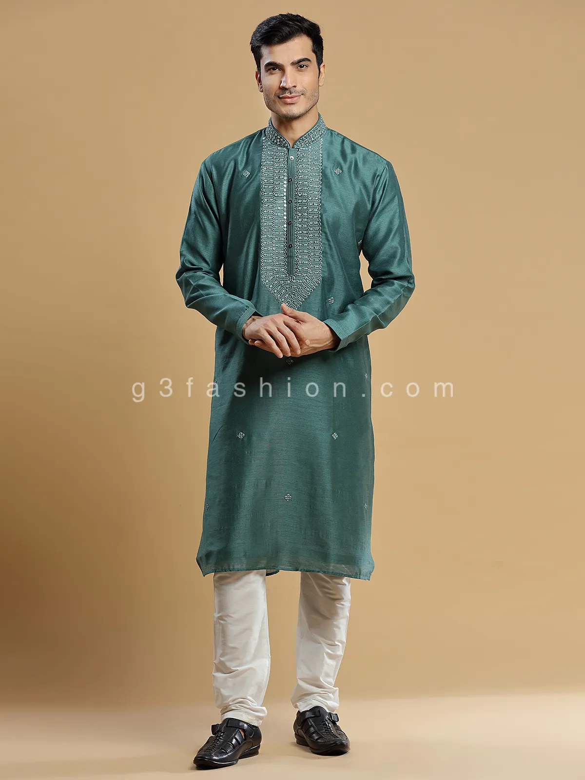 Rama green silk  Men Kurta pajama for festive