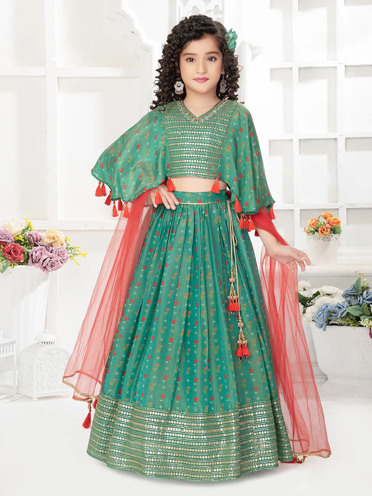 Rama green silk printed weding lehenga choli